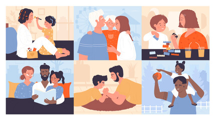 Parents play with kids together set vector illustration. Cartoon mother playing toy blocks with little son, arm wrestling game of dad and boy, dad reading book for family, makeup of mom and daughter - obrazy, fototapety, plakaty