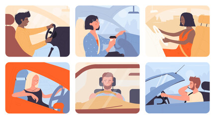 Fototapeta premium People drive in car set vector illustration. Cartoon scenes inside car with male or female driver alone, side and front view of adult character driving, happy young woman and man enjoy road travel
