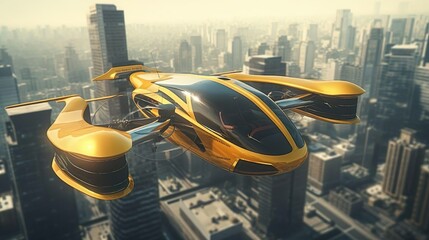 Electric eco self-driving passenger drone aircraft flying in the sky above the city. Yellow flying...