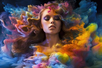 Beautiful girl with wavy hair in colorful smoke