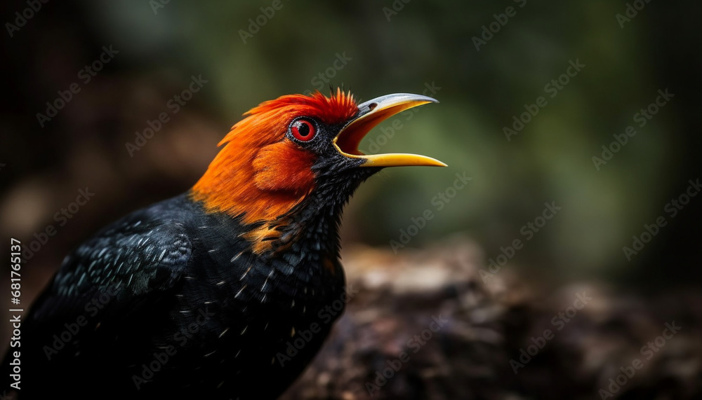 Canvas Prints Male bird perching on branch, close up of colorful feathers generated by AI