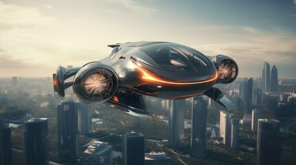 Passenger transportation of the future. Air vehicle, flying car drone air taxi. Electric eco self-driving passenger drone aircraft flying in the sky above the city. Sci fi ship futuristic future