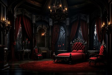 Obraz na płótnie Canvas Mysterious Gothic vampire room. Medieval house. Generate Ai