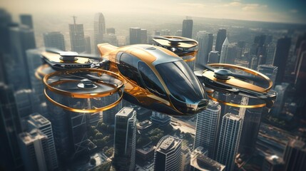 Yellow flying car drone air taxi. Electric eco self-driving passenger drone aircraft flying in the sky above the city. Sci fi ship futuristic future innovation transportation concept. Aerial view. - obrazy, fototapety, plakaty