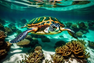 turtle swimming in the sea, A magnificent green sea turtle gracefully glides through the crystal-clear waters of a vibrant coral reef