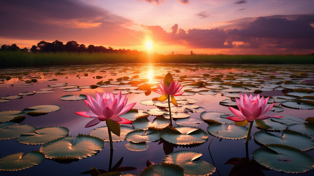 Landscape sunset on lake with beautiful pink lotus flowers, concept Vesak day