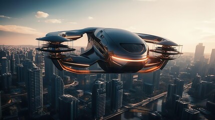 Personal transportation of the future. Air vehicle, flying car drone air taxi. Electric eco self-driving passenger drone aircraft flying in the sky above the city. Sci fi ship futuristic future