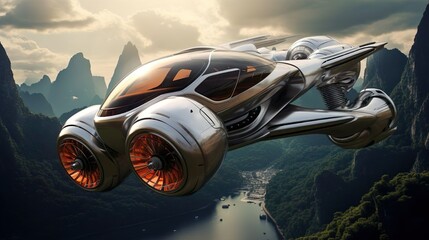 Passenger transportation of the future. Air vehicle, flying car drone air taxi. Electric eco...