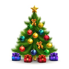 Christmas decorated tree. Festive Christmas colorful tree on white background
