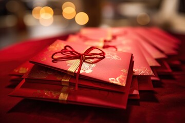 Chinese New Year conceptual red envelopes for prosperity. Close up shot