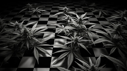Photo of hemp leaves on an abstract background of squares.