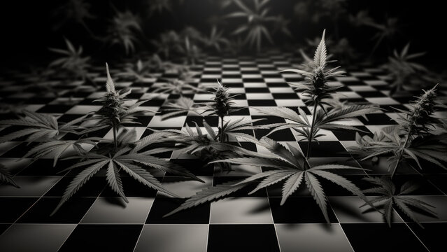 Photo of hemp leaves on an abstract background of squares.