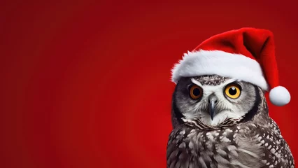 Zelfklevend Fotobehang Photo image of an owl in Santa Claus hat looking into the lens on a red background. © WELGOS