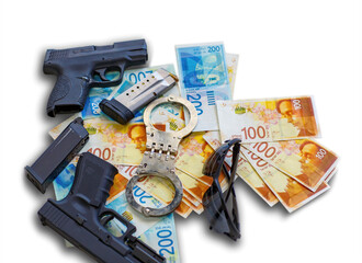 Two guns, police handcuffs, sunglasses on the background of Israeli New Shekel banknotes money....