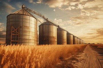 Expansive Grain silos countryside. Crop farm. Generate Ai - obrazy, fototapety, plakaty