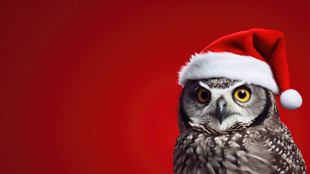 Photo image of an owl in Santa Claus hat looking into the lens on a red background.