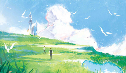 Friends spending quality time on the open greenery field original digital art illustration hd wallpaper 