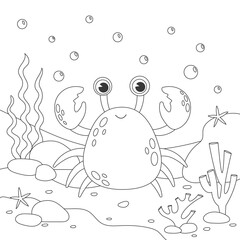 Funny crab cartoon characters. Coloring book for children with crab. Underwater life hand drawn coloring book for kids. stock illustration isolated on white background.
