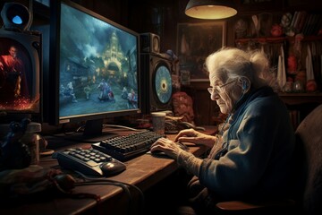 Grandma plays computer game. Happy character. Fictional person. Generate Ai - obrazy, fototapety, plakaty