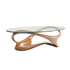 An innovative coffee table with twisted legs combining a sleek glass top with a rugged, natural wooden base, isolated on a transparent background.