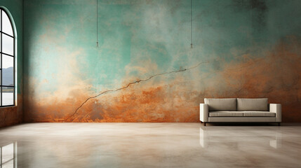 minimalist living room in earthy and turquoise colours with wall sofa, illuminated by the natural light coming through the window,