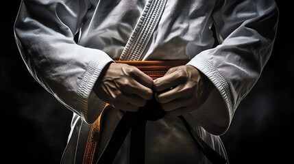 a person in a white kimono tying a belt - obrazy, fototapety, plakaty