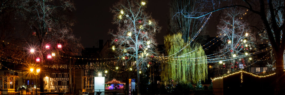 Vue nocturne d'un parc avec des d&eacute;corations de No&euml;l &agrave; Strasbourg