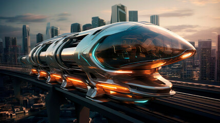Passenger flying train bus drone air taxi. Electric eco self-driving aircraft flying in the sky above the city. Sci fi ship futuristic future innovation transportation urban concept. Aerial view.