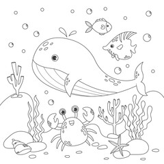 illustration with algae, whale, crab and fish, sea floor. Cute square page coloring book for children. Simple funny kids drawing. Black lines, sketch on a white background.