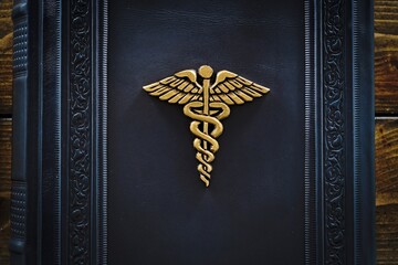 Old book with the Caduceus symbol captured on wooden table from close up