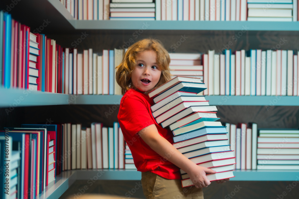 Poster surprised pupil. school boy reading book in library. kids development, learn to read. pupil reading 