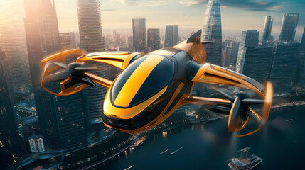 Yellow flying car drone air taxi. Electric eco self-driving passenger drone aircraft flying in the sky above the city. Sci fi ship futuristic future innovation transportation concept. Aerial view.