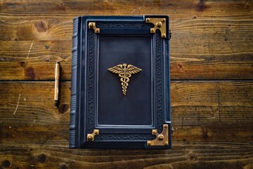 Old book with the Caduceus symbol captured on wooden table 