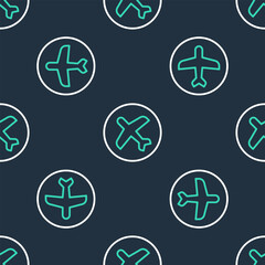 Line Plane icon isolated seamless pattern on black background. Flying airplane icon. Airliner sign. Vector