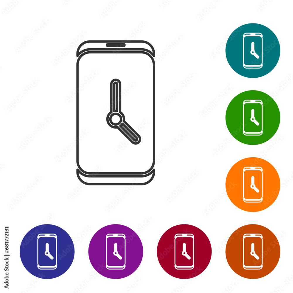 Poster black line alarm clock app smartphone interface icon isolated on white background. set icons in colo