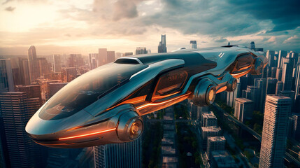 Passenger flying train bus drone air taxi. Electric eco self-driving aircraft flying in the sky above the city. Sci fi ship futuristic future innovation transportation urban concept. Aerial view.
