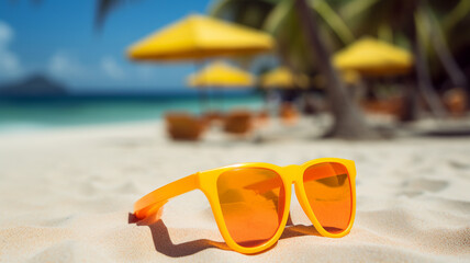 Fototapeta na wymiar sunscreen and sunglasses on the seashore on a summer day