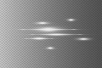 Pack of horizontal highlights. Laser light beams, horizontal light beams. Beautiful light reflections. Glowing stripes on a transparent background. Glowing abstract sparkling background.