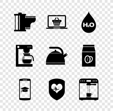 Set Camera film roll cartridge, Shopping basket on laptop, Water drop with H2O, Graduation cap mobile, Shield and heart rate and Coffee machine cup icon. Vector