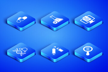 Set DNA research, search, Medicine pill or tablet, Medical syringe and vial, Genetic engineering, Bioengineering and Clinical record on monitor icon. Vector