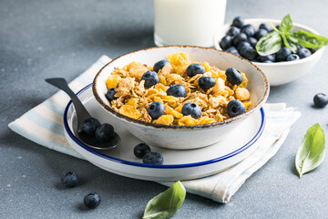 cornflakes bowl breakfast food and snack for healthy food concept, morning breakfast fresh whole grain cereal