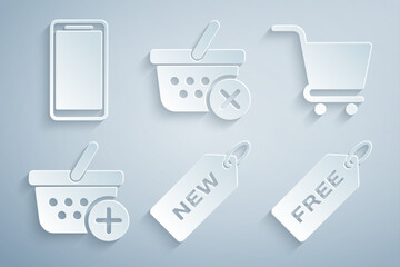 Set Price tag with New, Shopping cart, Add to basket, Free, Remove shopping and Smartphone, mobile phone icon. Vector