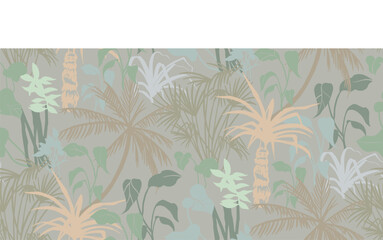 Summer beach seamless pattern with silhouettes of tropical plants and palm trees for textiles and design