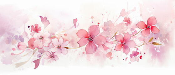 Fondo floral de acuarela en tonos purpuras y rosas, sobre fondo blanco, concepto celebraciones, boda, cumpleaños, aniversario - obrazy, fototapety, plakaty