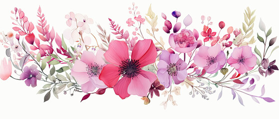 Fondo floral primaveral de acuarela en tonos purpuras y rosas, sobre fondo blanco