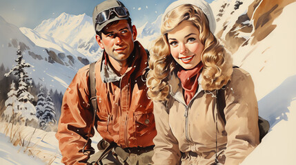 Fototapeta premium mountain winter view with man woman boy girl happy in the cold snow, vintage watercolor illustration painting