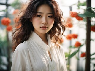 A Japanese woman in a photorealistic portrait with a white background.