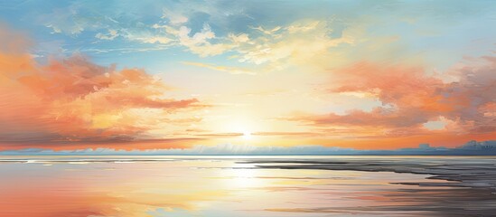 Fototapeta premium As the sun rises over the tranquil beach, the abstract beauty of the serene landscape is mirrored in the still waters, reflecting the vibrant orange hues of the sky, while the fluffy clouds dance in