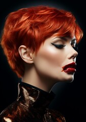Profile portrait of a woman with short red hair, glamourous makeup and clothes, and smeared lipstick. Imperfections are beautiful. Generative AI