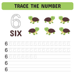 Trace the number . Tracing number worksheet for kindergarten, preschool for learning numbers and handwriting practice activities. Educational children game, printable worksheet. Vector illustration